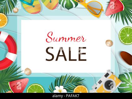 Summer sale background with tropical palm and plumeria, Lifebuoy, flip flops. Stock Vector