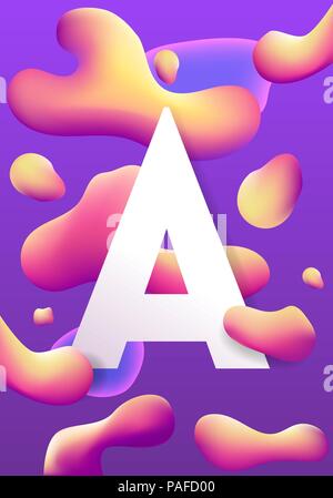letter A and liquid vector colorful shapes. Abstract vector object on purple gradient background. Stock vector. Liquid ink Stock Vector