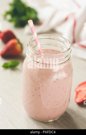 Strawberry Smoothie in Bottle. Healthy Tasty Vegan Protein Smoothie Stock Photo
