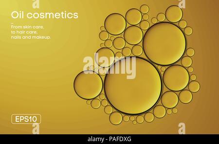 Oil cosmetics vector illustration. Skin care woman cosmetics. Olive oil dropsbackground. Liquid cosmetic products essential concept. EPS 10. Stock Vector