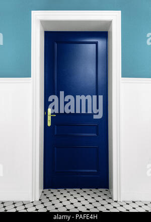 Door Front view Interior in a classic style with a light blue wall and a blue door Close-up photo Stock Photo