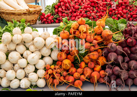 Vendors sell fresh vegetables, produce and other items at a seasonal farmers market in small mountain town of Salida, Colorado, USA
