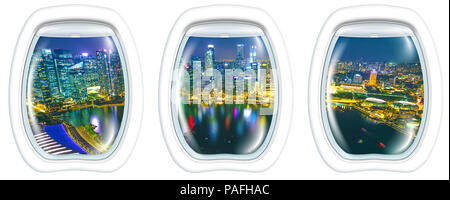 Porthole windows interior on marina bay financial district of Singapore. Asian skyscrapers reflected on the harbor by night. Scenic flight above Singapore skyline. Night aerial scene white background. Stock Photo