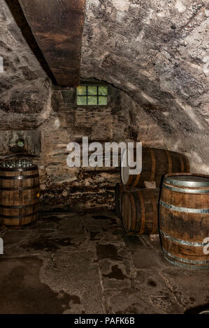 An ancient dark stone vaulted cellar with a small window and a gun-port built into the back wall, containing five large wooden hogshead barrels Stock Photo