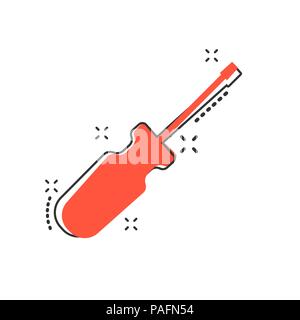 Vector cartoon screwdriver icon in comic style. Repair tool sign illustration pictogram. Screwdriver business splash effect concept. Stock Vector