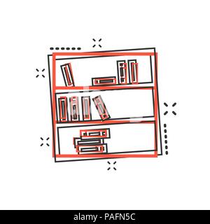 Vector cartoon bookcase furniture icon in comic style. Furniture sign illustration pictogram. Bookshelf business splash effect concept. Stock Vector