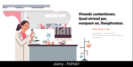 female scientist working with microscope in laboratory doing research woman making scientific experiments doctor in lab workplace copy space horizontal Stock Vector