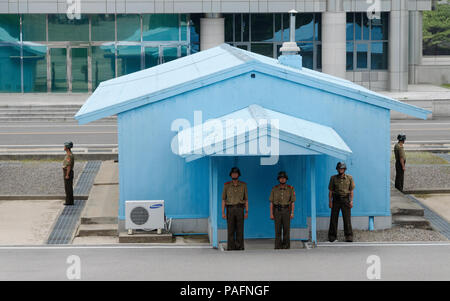 View from North Korea side in the Joint Security Area Truth Village Pamunjom of soldiers and the border within the DMZ. Stock Photo