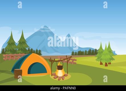 Tent camping fire forest mountain expedition vacation concept flat horizontal Stock Vector