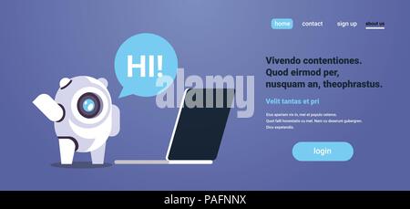 Chat bot using laptop computer speech bubble robot virtual assistance website mobile applications artificial intelligence concept flat horizontal copy space Stock Vector