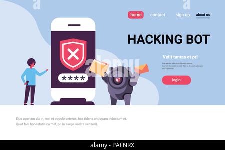 african man incorrect password hacking bot smartphone verification mobile security app access concept horizontal flat full length copy space Stock Vector