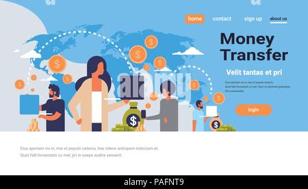 people using global payment application money transfer concept dollar coin world map background flat copy space horizontal Stock Vector