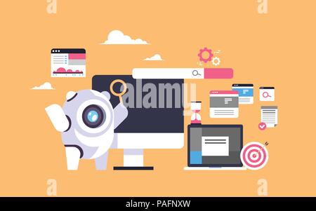 search bot seo engine optimization application internet searching concept artificial intelligence flat horizontal Stock Vector