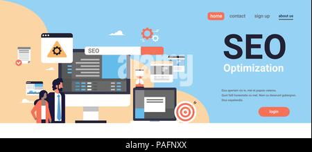 Seo search engine optimization couple man woman monitoring internet searching concept process flat horizontal banner copy space Stock Vector