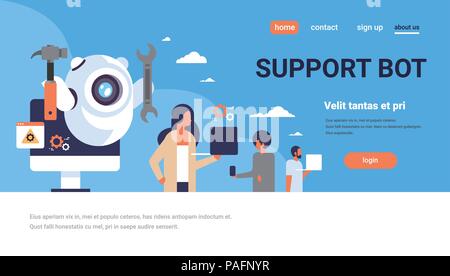 support bot robot wrench service repair concept artificial intelligence people using gadgets flat horizontal copy space Stock Vector