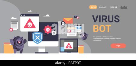 virus bot robot hacker danger piracy error background pirate attack artificial intelligence concept flat horizontal banner copy space Stock Vector