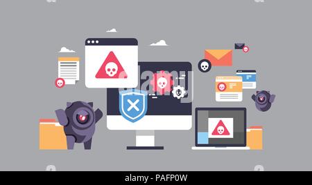 virus bot robot hacker danger piracy error background pirate attack artificial intelligence concept flat horizontal banner Stock Vector