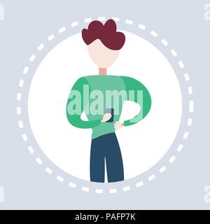 athletic man using smartphone round frame gray background faceless male cartoon character portrait flat Stock Vector