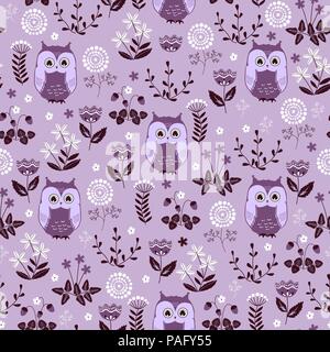 Cute colorful floral seamless pattern with owls. Design for bed linen, blankets, wrapping paper, and other. Vector illustration Stock Vector