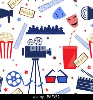 Vector flat seamless pattern with cinema attributes. Movie background Stock Vector