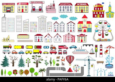 Set of cartoon city map elements. Vector illustration. Buildings, cars, road, trees, and other city objects Stock Vector