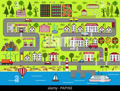 Background of a lively city with houses, streets, an amusement park, cars, suburbs. Design for baby mats, games, books, and other Stock Vector