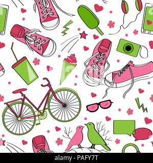 Cute teenager pattern with sneakers, birds, bike, camera, mobile telephone, headphones, icecream and drink. Green and brown palette Stock Vector