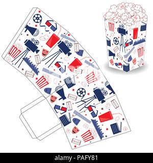 Cute popcorn box with flat cinema objects. Template for film party, cinema shop, and other. Just print, cut out, and glue it together. Stock Vector