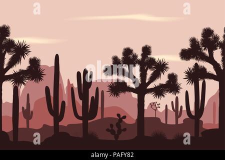 Desert seamless pattern with joshua trees, opuntia, and saguaro cacti. Mountains background. Stock Vector