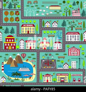 Seamless city landscape car track. Play mat for children activity and entertainment. City background with streets, buildings, sea, and plants. Stock Vector