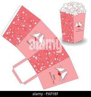 Popcorn template for Valentine's day. Vector design with spring flowers and birds couple. Just print, cut out, and glue it together. Stock Vector