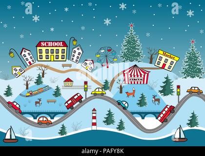 Winter seamless pattern with roads, cars, and houses. Cute cartoon hills. Stock Vector