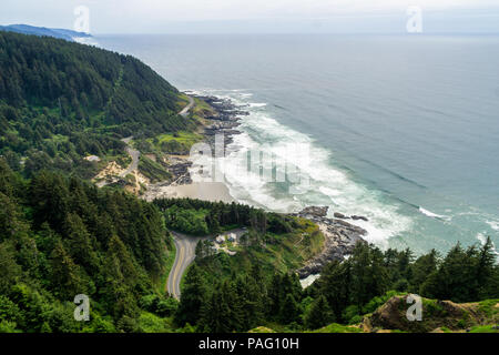 Cape Perpetua Scenic Overlook. Aerial view of the Cape Perpetua coastline from the Devils Churn to the Cooks Chasm, Yachats, Oregon coast, USA. Stock Photo