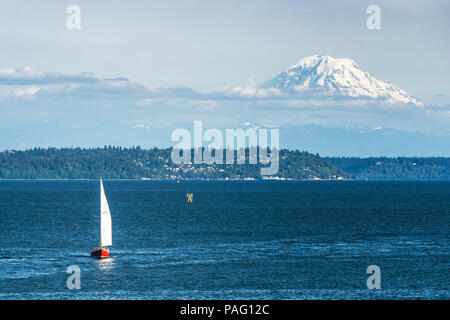 Sailboat on the Puget Sound with the Mount Rainier in the Background, Seattle, Washington state, USA Stock Photo