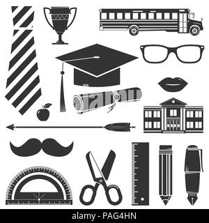 Graduation Icons set isolated on white. Vector illustration. For logo design, patches, seal, logo or badges. Set include graduation cap, diploma, penc Stock Vector