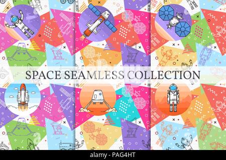 Set of space memphis seamless patterns. Fashion 80-90s. Colorful geometric textures. Vector illustration. Human mission to Mars. Stock Vector