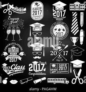 Set of Vector Class of 2017 badges and design elements on the chalkboard. Concept for shirt, print, seal, overlay or stamp, greeting, invitation card. Stock Vector