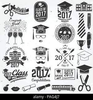 Set of Vector Class of 2017 badges and design elements. . Concept for shirt, print, seal, overlay or stamp, greeting, invitation card. Graduation desi Stock Vector