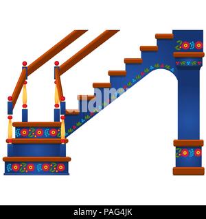 Wooden staircase with ornament in Slavic style isolated on white background. Vector cartoon close-up illustration. Stock Vector