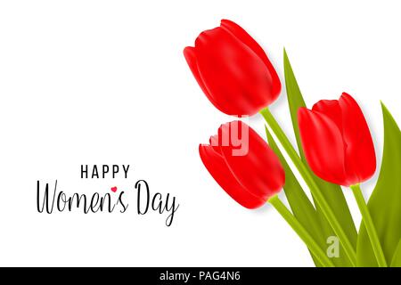 Happy Women s Day Greeting Card with tulips. Vector illustration . Stock Vector