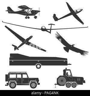 Set of vintage gliding elements and equipment. Vector illustration. Set include glider winches, eagle, gliding trailer, airplane and glider plane silh Stock Vector