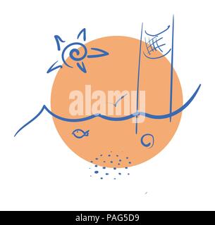 Beach illustration with volleyball net, sun and line of the sea Stock Vector