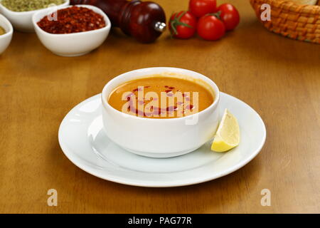 Red Lentil Soup served , ezogelin corbasi Stock Photo