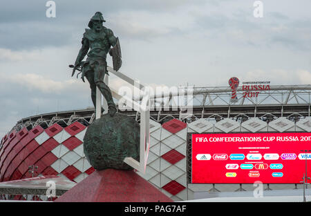 The sculpture of the gladiator in the square in front of the Spartak stadium in Moscow, where the matches of the FIFA Confederations Cup 2017 and the  Stock Photo