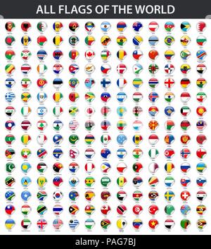 All flags of the world in alphabetical order. Round glossy sticker style Stock Vector