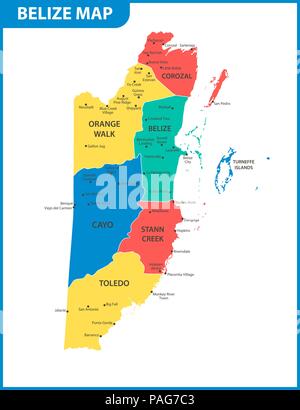 The detailed map of Belize with regions or states and cities, capital ...