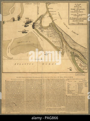 A Plan of the attack of Fort Sulivan, the key of Charlestown, in South Carolina, on the 28th. of June 1776. By His Majesty's squadron, commanded by Sir Peter Parker. By an officer on the spot. Stock Photo