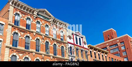 Historically preserved buildings in the Cleveland Ohio Warehouse District on West 6th Street in downtown Cleveland Ohio USA. Stock Photo