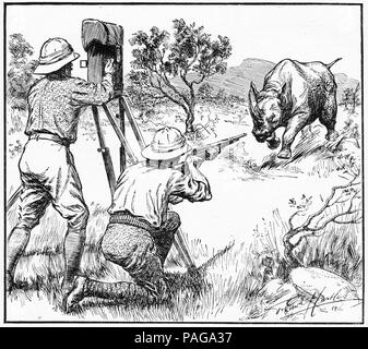 Engraving of a photographer and his companion facing a charging rhinoceros in Africa. From Chums, An Illustrated Magazine for Boys, 1916.