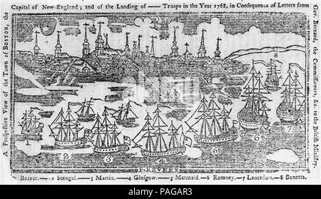 A prospective view of the town of Boston the capital of New-England - and the landing of -- troops in the year 1768 in consequence of letters from Gov. Bernard the commissioners etc. to Stock Photo